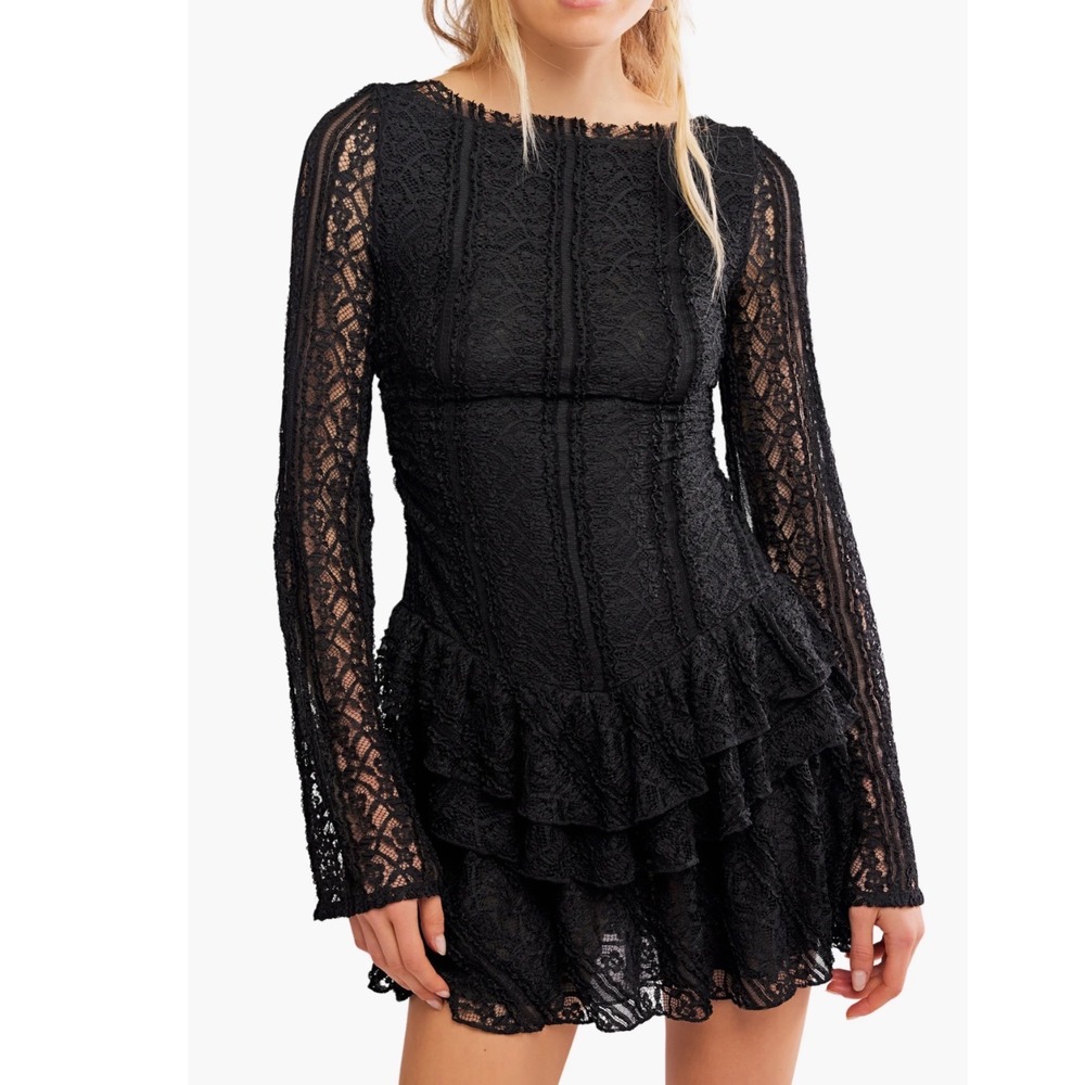 Free People Shes A Waterfall Mini Dress Black Lace Tiered Ruffle Long Sleeve NEW